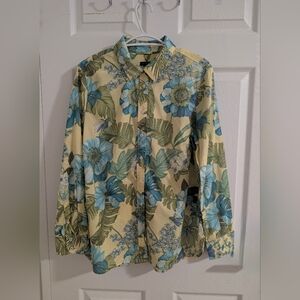 Talbots Floral Tropical Button Down Shirt Large Yellow Blue 100% Cotton LNWOT